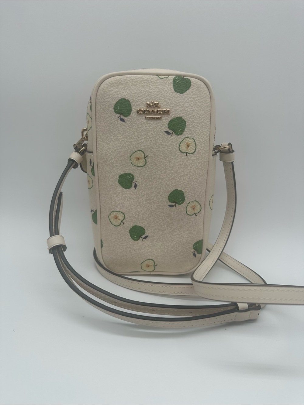 Coach Cream Crossbody Phone Pouch with Green Apple Motif